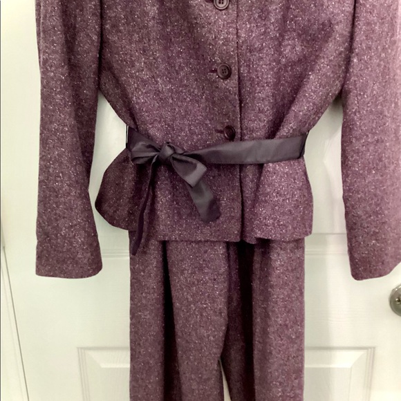 Petite Sophisticate Tweed Pants Suit W/ Leather Sash - Picture 6 of 16
